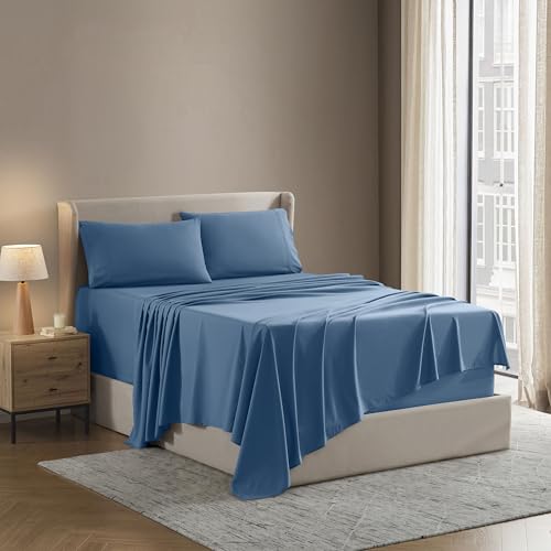 Image of Nestl King Bed Sheet Set - Blue Heaven - 4-Piece Deep Pocket | Instantly Soft, Night-One Ready (No Wash Required). Fits 16-Inch Deep Pockets, 360-Degree Elastic Grip
