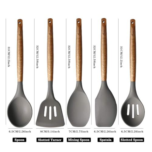 Kitchen Utensils Set, Silicone Cooking Utensils Set,Non-Stick Silicone Spatula Set with Natural Acacia Hard Wood Handle, 5 Piece, Upgraded Thickened Cookware