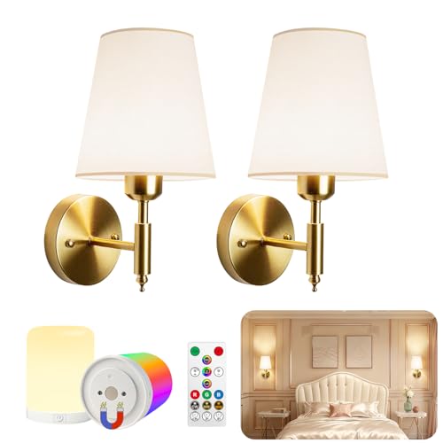 Image of Adetu Battery Operated Wall Sconces Set of 2, Gold Rechargeable Wall Lights