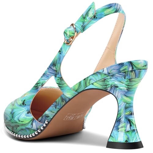Image of TNYNFBEB Womens Kitten Heel Pointed Toe Pumps Sliver Beaded Slingback Slip-on Buckle Prom Dress Basic Classic Patent Leather Summer 2.6 Inches Heels