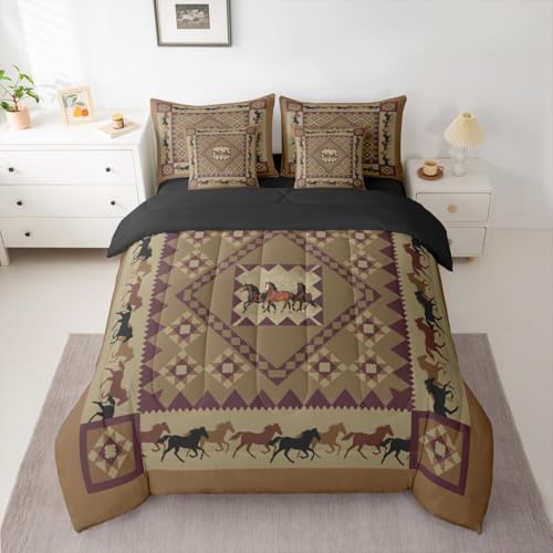 Image of Erosebridal Western Full Size Bed Sheets and Comforter Set | Vintage Tribal Horse 7-Piece Bedding Set Cowboys Gifts Geometric Aztec Bed in a Bag, Brown Diamond Checkered Buffalo Plaid Bed Sets