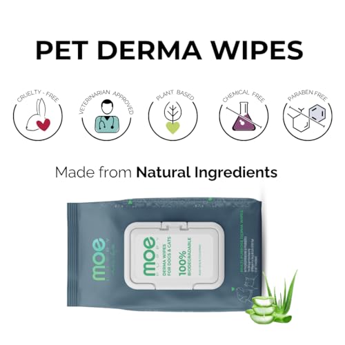 Image of Moe Puppy Derma Wipes for Dogs & Cats | 100 Wipes (Pack of 2) | Biodegradable Pet Wipes | Chlorhexidine & Probiotics | Anti-Itch, Antibacterial | Aloe Vera & Cucumber | Daily Cleaning