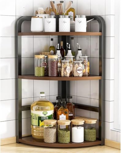 Image of Spice Rack Organizer for Kitchen Countertop, Metal Kitchen Storage Shelf with Wooden Shelves, Pantry Cabinet Organizer for Spice Jars, Oil Bottles, Seasonings, Condiments (Corner, 3-Tier)