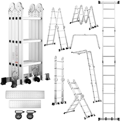 TEENO Escalera Multifunción 7 en 1, 3,6 M, 4 x 3 escalones, Escalera Plegable de Aluminio con 2 Plataformas, Patas de Goma 2 Ruedas Desmontables, 12 peldaños Carga MAX 150 kg, Plata