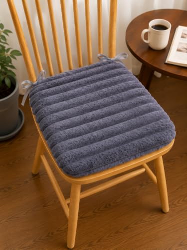 Image of COZY FURNISH Slate Blue-Grey Solid Fluffy Chair Seat Cushions with Ties, 16x16 Inch Faux Fur Dining Chair Pads with Foam Filling, Pack of 2