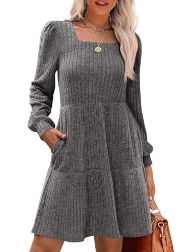 Image of Sampeel Womens Square Neck Long Sleeve Fall Dresses Casual Babydoll Sweater Dress