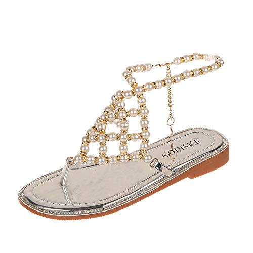 Genérico Sandalias Doradas Sandalias Negras Tacon Mujer Casual Beach Women's Pearl Al estilo de las sandalias femeninas Barefoot Sandalias Sandalias Negras Mujer Verano (Silver, 37)