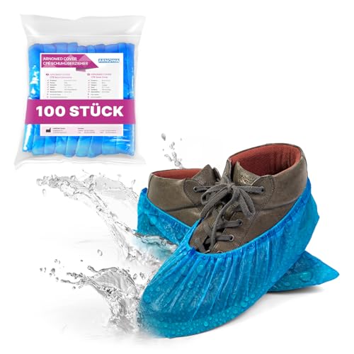 ARNOMED 100x Schuhüberzieher Einweg [WASSERDICHT], Galoschen, Schuh Überzieher Einweg, Starke Überschuhe Latexfrei, Einheitsgröße Wasser, und Staubdicht, 5g Extra Starkem CPE Material