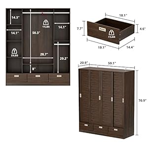 Aiegle 4 sliding doors wardrobe armoire with 3 drawers 591 wide large freestanding armoire wardrobe closet with shelves 3 hanging rods bedroom clothes storage cabinet organizer brown  urban country home decor