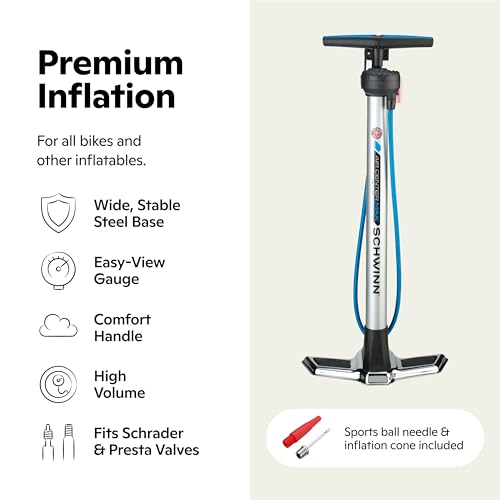 image for Schwinn Air Center Max Floor Bike Pump, Pressure Gauge, Pumps 100 Max 