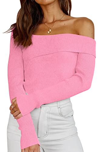 Image of LILLUSORY Womens Off the Shoulder Sweaters Going Out Fall Top | Flattering Ribbed Knit Bodycon Pullover for Date Night,Chic Asymmetric Neckline,Stretchy Holiday Party Clubwear Clothes