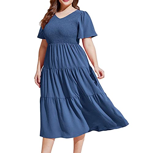Robe denim grande taille de qualité supérieure avec col en V et ourlet plissé