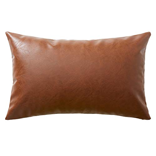 Image of Fancy Homi Faux Leather Boho Decorative Throw Pillow Covers, Thick Modern Solid Square Cushion Case Set for Couch Sofa Bedroom Car Living Room (12x20 Inch /30x50 cm, Brown)
