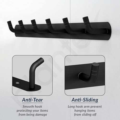 Image of Plantex Wall Hooks for Hanging Cloth /Stainless Steel Towel Hangers /Bathroom Robe Hooks /Door Hangers /Wall Hook Rack /Hook Rail for Hanging Keys - 6 Hooks (Pack of 3, Black)