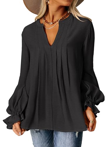 ANRABESS Women's Dressy Casual Blouses V Neck Long Sleeve 2025 Fall Loose Fit Tunic Tops Pleated T Shirts Trendy Outfits2
