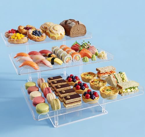 Jusalpha Set of 3 Acrylic Cupcake Stand, 3 Tiered Party Serving Tray, Clear Rectangular Dessert Display, Heavy Duty Construction (Rectangular)