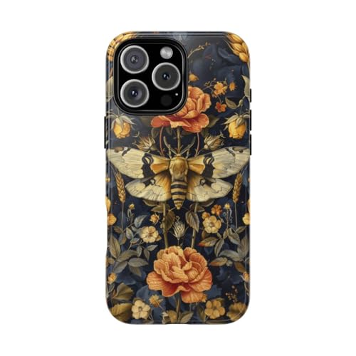 Coque iPhone 16 Pro Max bleu marine et or, le style floral au quotidien
