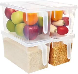 Kurtzy 4 Pack Kitchen Fridge & Cupboard Storage Containers with Handles and Lids - 30.5cm/12 Inches Overall Length - Clear Plastic Refrigerator Tubs for Bathroom, Pantry, Drawer, Freezer and Home