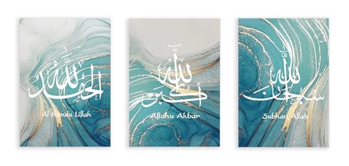 Art mural islamique Allahu Akbar : lot de 3 toiles bleu et or modernes sans cadre pour salon