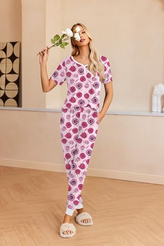 Image of Ekouaer Pajamas for Women Set 2 Piece Fall Lounge Sets Short Sleeve Pjs Joggers Long Pants Sleepwear with Pockets