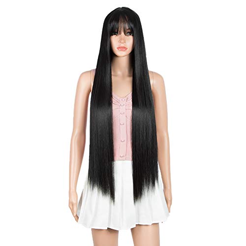 Joedir 36  Super Long Straight Wave Lace Front with 1.5 x4  Simulated Scalp Wig with Bangs Heat Resistant Synthetic Wigs With Baby Hair For Black Women 130% Density(Black Color)