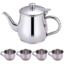 Kids Tea Set Includes Portable 330ml Stainless Steel Long Spout Teapot with Filter Screen and 4 70ml Cups for Children Camping Home