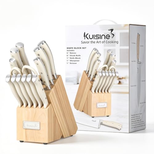Image of KUISINE Upgraded Knife Set High Carbon Stainless Steel Ultra Sharp Blade Ergonomic Handle,Knife Block Set with Built-in Sharpener(Ivory Acacia,15PCS)
