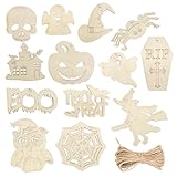 Quacc 26pcs Wooden Halloween Cutout Ornaments Unfinished Wood Craft Ornaments Ghost Shapes Wooden Slices Hanging Tags Halloween Decorations for Trick or Treat Bags (13 Styles)