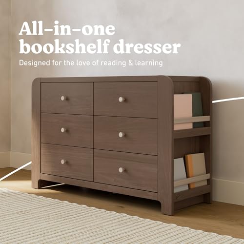 Image of Graco Read-with-Me 6 Drawer Dresser with Bookshelves (Hazelnut with Driftwood) - GREENGUARD Gold Certified Storage for Baby and Kids Room, Interlocking Drawer System