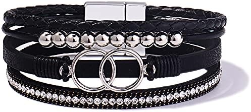 FANCY SHINY Boho Wrap Bracelets Leather Cuff Bangle Gold Beaded Bracelets for Women Stackable Infinity Bracelets Jewelry with Clasp(Black)