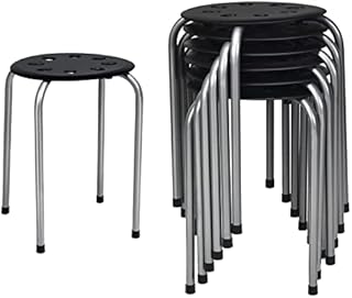 TANGZON Set of 6 Plastic Stacking Stools, Powder Coated Steel Legs Round Breakfast Dining Stool with Non-Slip Mats, Flexible Seating Stool Chairs for Home, Kitchen, Office & Classroom (Black + Gray)