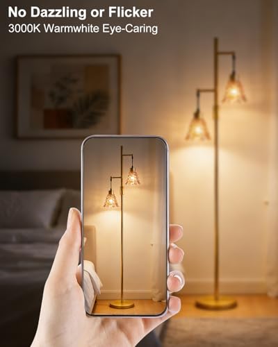 Image of 2-Light Modern Glass Floor Lamp, Gold Standing Tall Lamp with Amber Shell Glass Shade, Dimmable LED Floor Lamp with 5Lbs Heavy Base for Living Room Bedroom Home Decor, Bulb Included
