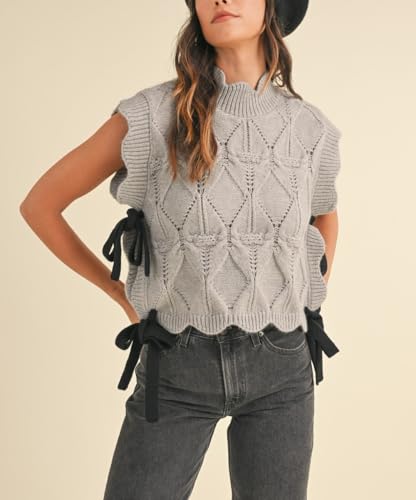 Image of Women Side Tie Sweater Vest Scallop Trim Mock Neck Knit Vest Bow Lace Up Ribbon Sweater Tank Top Knitwear