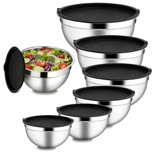 oxiraqan 7 Set of Metal Mixing Bowl with Airtight Lids - Stainless Steel Mixing Bowls (0.7/1.1/1.7/2.3/2.8/3.7/5 QT) for Kitchen Food Prep, Salad Making, The Large Size Can be Used to Make Dough