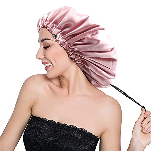 Image of Stain Bonnet Silk Sleep Cap Adjustable Satin Cap for Night Sleeping Hair Bonnet Reversible Double Layer