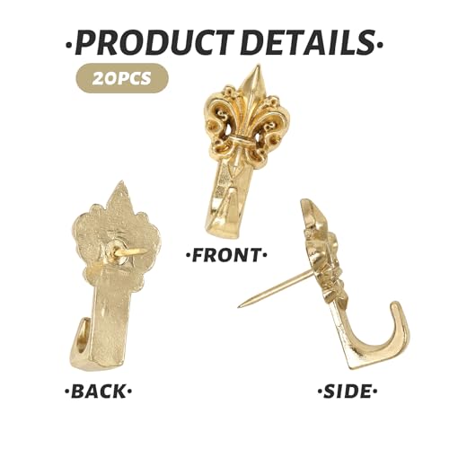 Image of 20 Pieces Push Pin Hangers,Push Pins for Wall,Decorative Thumb Tacks for Hanging,Zinc Alloy Pin Hooks Picture Hanging Nails for Home Office Fabric Wall Wooden (Gold)