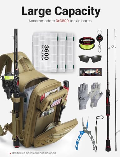 Image of Piscifun Fishing Backpack Tackle Bag with 2 Rod Holders, Multi-Compartment Storage, MOLLE System, Water-Resistant Lightweight Outdoor Pack