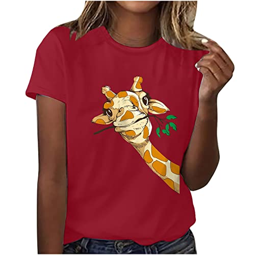 Womens Cute Graphic T Shirt Summer Animal Pattern Tees Giraffe Print Tops Girls Casual Crewneck Short Sleeve T-Shirts #TOP22