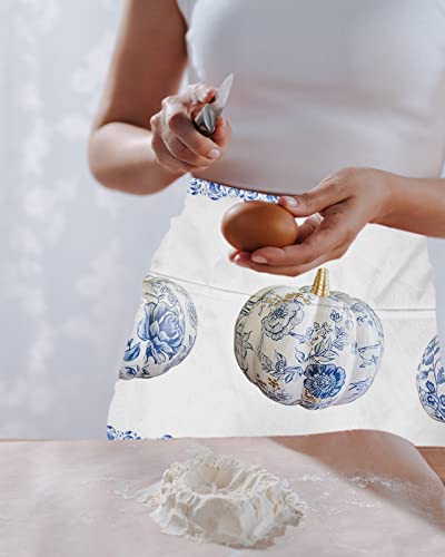 Risqiten Thanksgiving Fall Waitress Apron For Women/Men With 3 Pockets, Pumpkin Blue And White Porcelain Server Aprons Waterproof Kitchen Cooking Half Waist Apron #TOP1