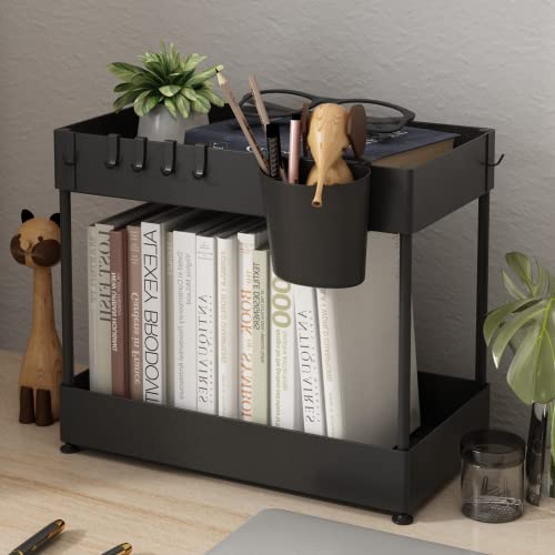 Under Sink Organizer, Under Bathroom Cabinet Storage 2 Tier Under Sink Storage Rack with 6 Hooks, Under Cabinet Organizer Baskets, Multi-purpose Under Sink Shelf Organizer for Bathroom Kitchen (Black)