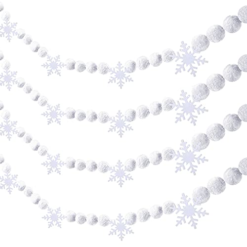 Tegeme 2 Pcs 13.2ft White Felt Pom Pom Garland Christmas Tree Decorations Cute Winter Snowball Snowflake Ornaments Hanging String Pompom Snowball Beads Xmas Holiday Birthday Party Banners