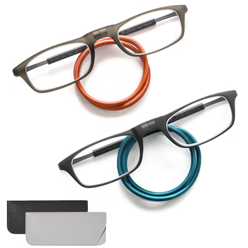 WenYa 2 Pairs Magnetic Reading Glasses with Adjustable Temples, Hanging Neck Foldable Reading Glasses for Women and Men Unisex Readers (Orange, Darkcyan, 2.0, Dioptres)