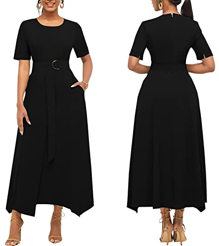 Zonjie Black Casual Evening Prom Gown Maxi Dresses For Women Elegant Crew Neck Short Sleeve Loose Long Formal Party Dress With Belt #TOP5