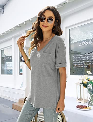 Plain T Shirts For Women V Neck Casual Loose Basic Tees Light Gray L #TOP2