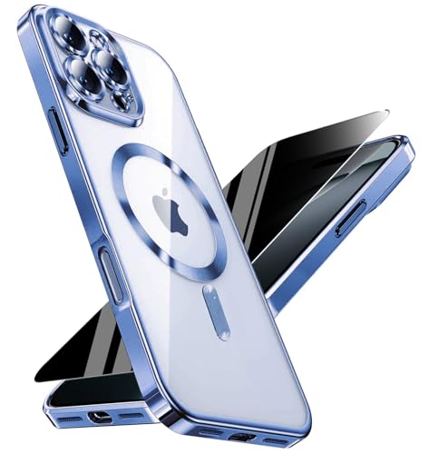 Image of Magnetic for iPhone 16 Pro Max Case with Privacy Screen Protector & Full Camera Cover,[Non-Yellowing] Plating Glossy Soft Shockproof Clear Phone Case with MagSafe Women Girls for 16 ProMax,Blue