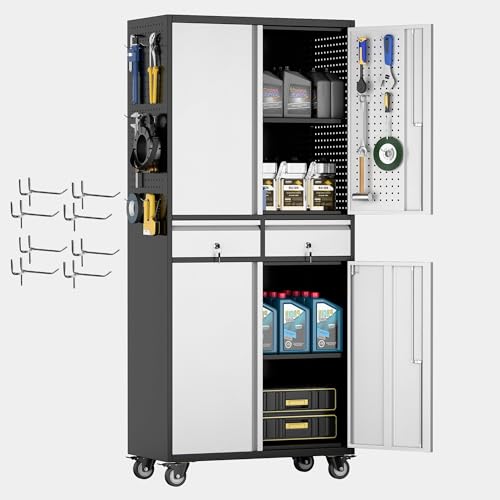 Reemoon Garage Storage Cabinet with Wheels and Doors,71' H Metal Storage Cabinet with Pegboard and...