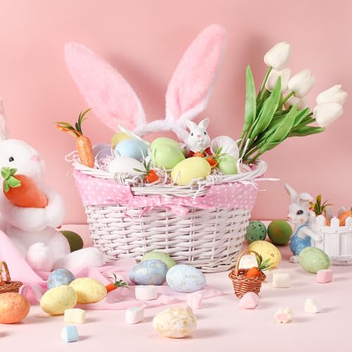Image of SiliFine Easter Bunny Gift Basket Set Include Wicker Basket with Liner Gingham, Easter Bunny Headband, Easter Eggs, Raffia Paper Grass, Easter Gift for Party Favor Decoration(Pink)