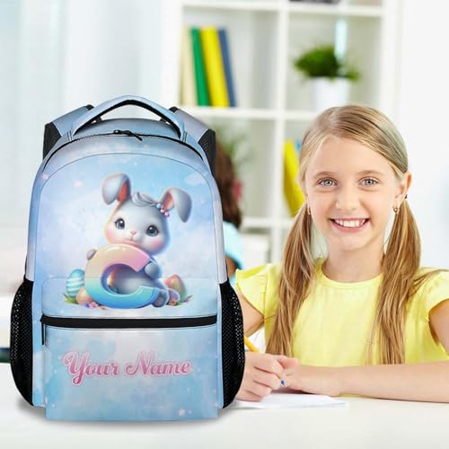 Custom Bunny Backpack for Girls Boys, 17 Inch Blue Backpacks for Kindergarten, Cute Durable Lightweight Bookbag for Kids, Student2