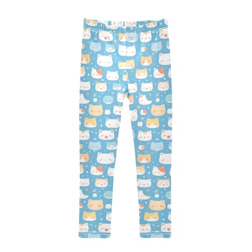 Funny Cute Colorful Faces of Cats on Blue Kids Girl's Legging Fashion High Waisted Leg Yoga Pants Gym