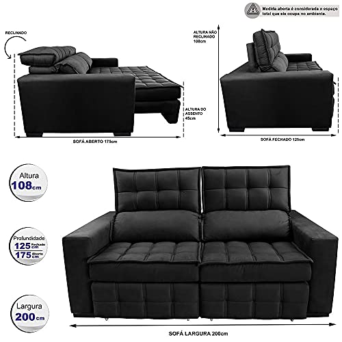 Sofá Retrátil e Reclinável 2,00m Molas Ensacadas e Costura Tripla Cama Inbox Nobre Suede Preto